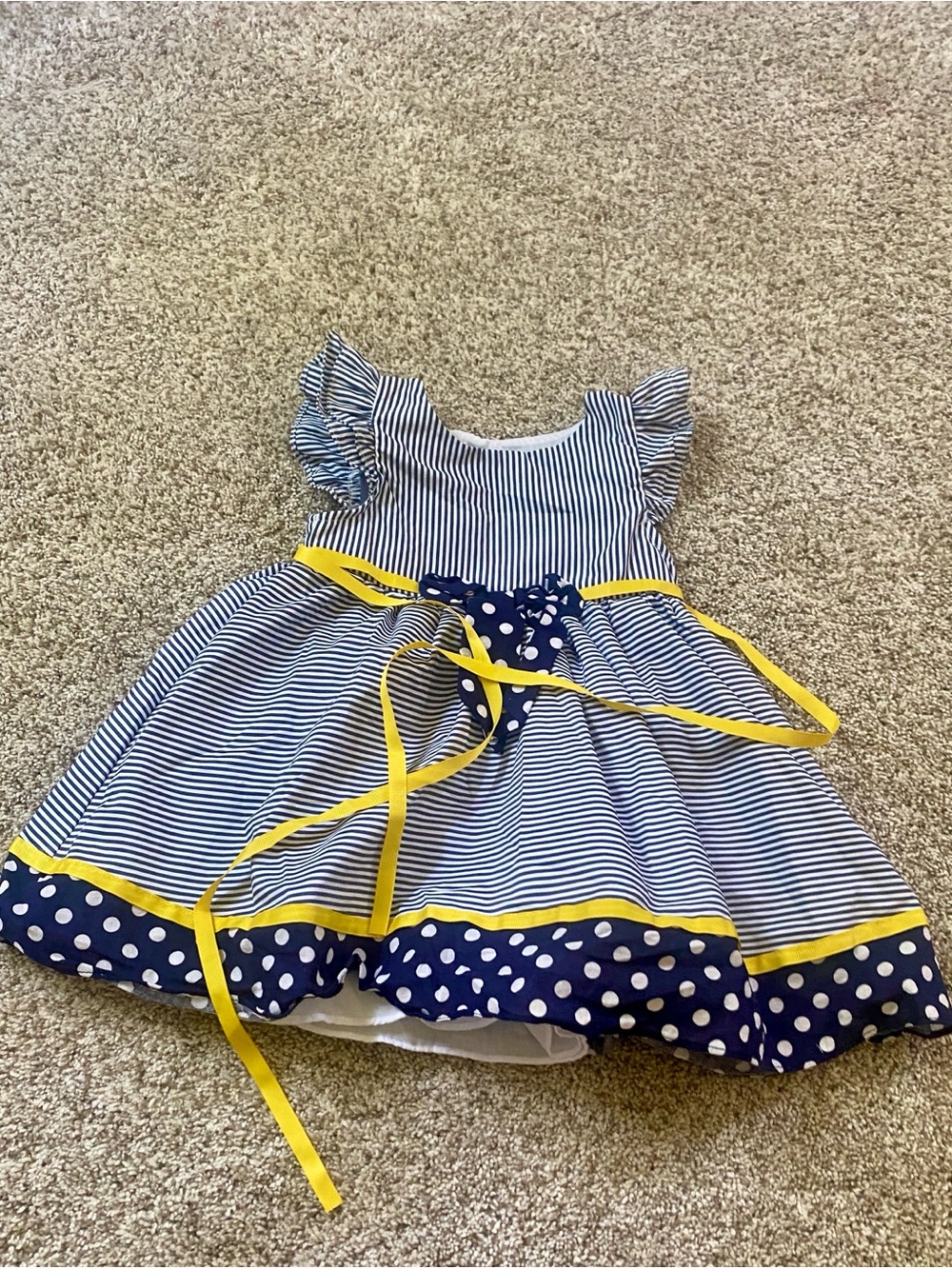 Rare Editions Navy Stripe & Polka Dot Dress with Yellow Ribbon